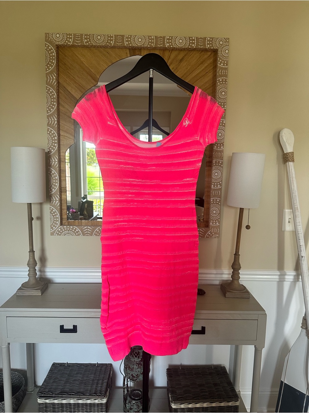 Vintage Bluemarine Neon Pink and White Short-Sleeve Scoop Mini Dress